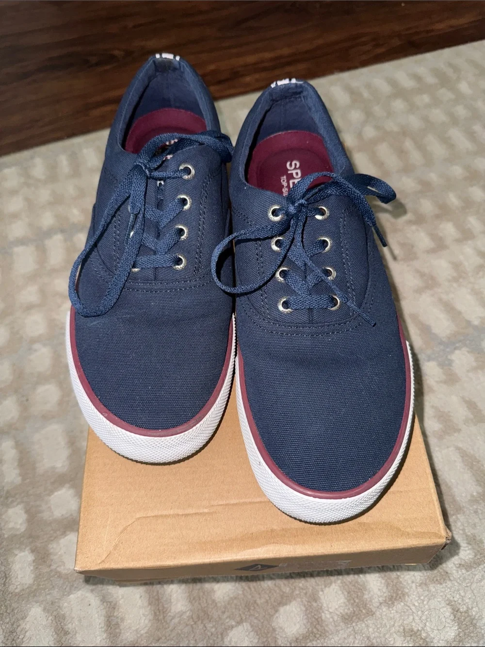 Sperry Navy Canvas Boat Shoes with Maroon Accents